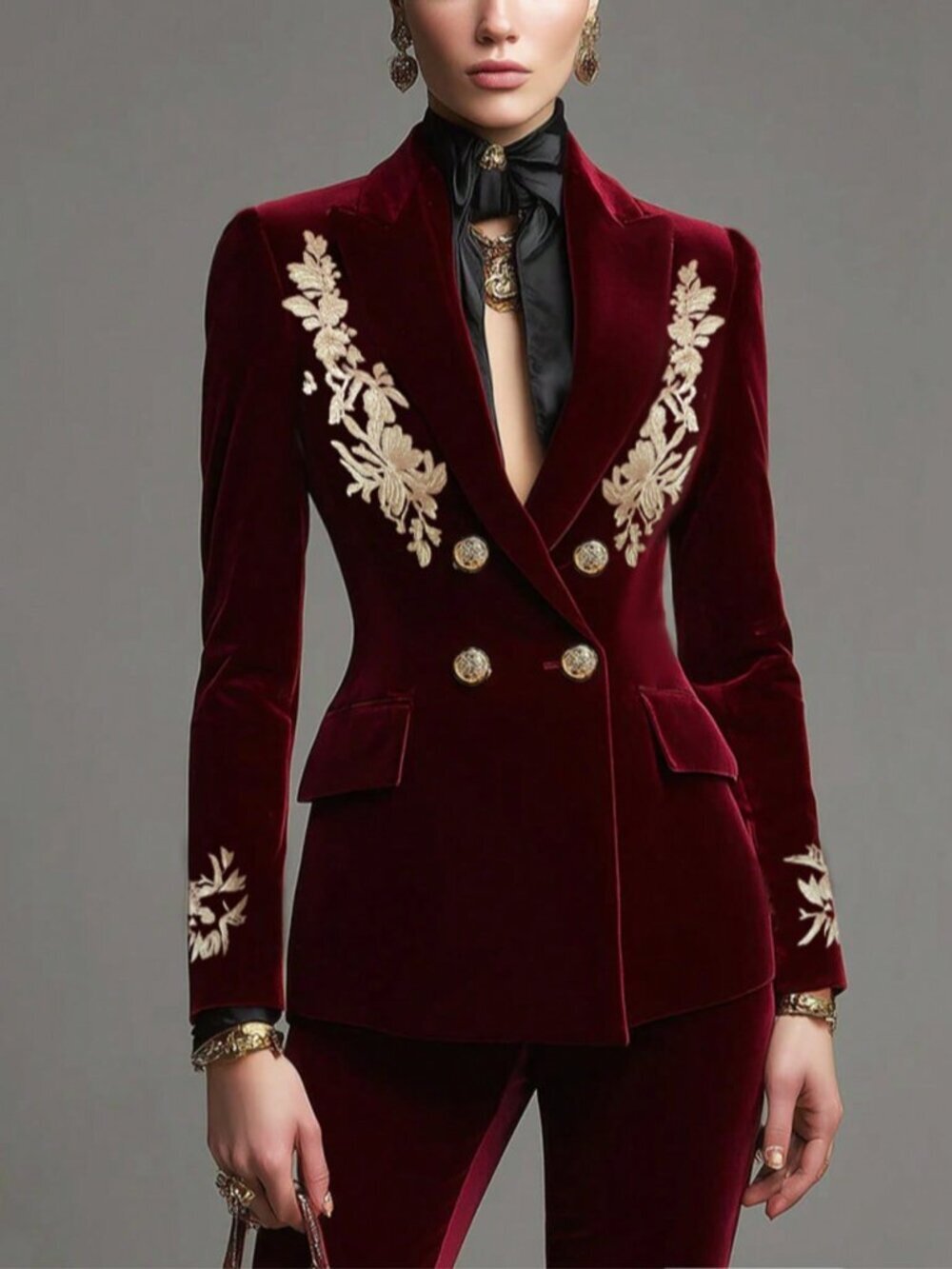 Burgundy Casual Women's Blazer Jacket, Gold Embroidery, Double-Breasted